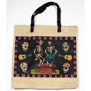 Eco-Friendly Stenciled 18" Jute Bag Tote Day of the Dead Skeleton Couple
